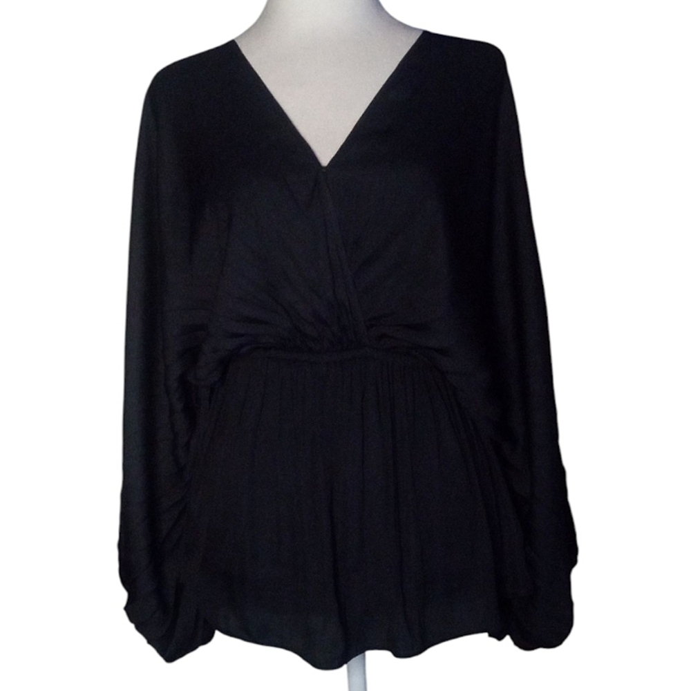 Mustard Seed Black Tie Waist Baby Doll Style Blouse Exaggerated Sleeves Small